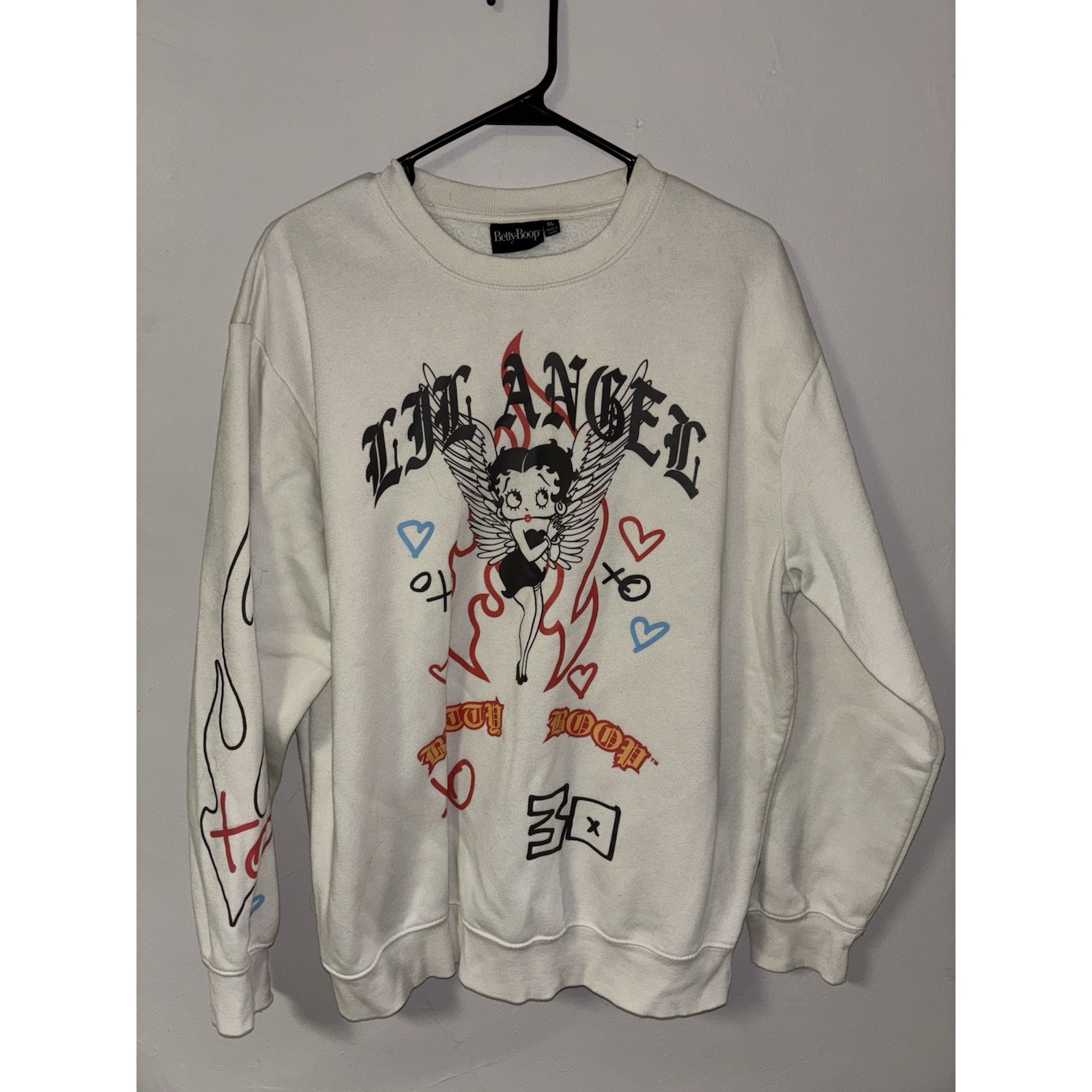 Betty Boop Crew Neck Sweater Women's Size Xl White With Graphics On Sleeves